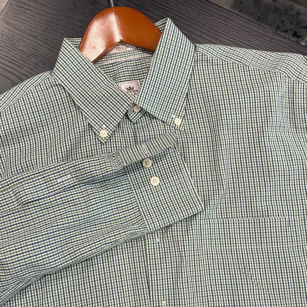 Peter Millar Shirt Mens Medium Weekender Finish Green Navy Gingham Check Cotton